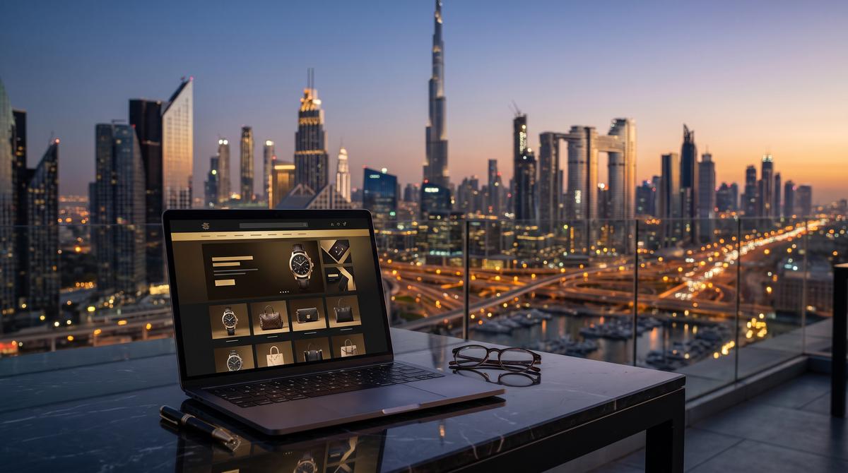 Dubai skyline at dusk with laptop showing a luxury eCommerce online store