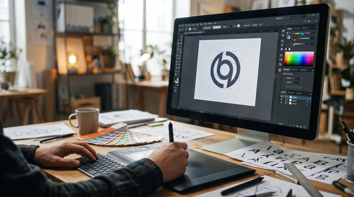 Designer refining logo variations and brand color palette
