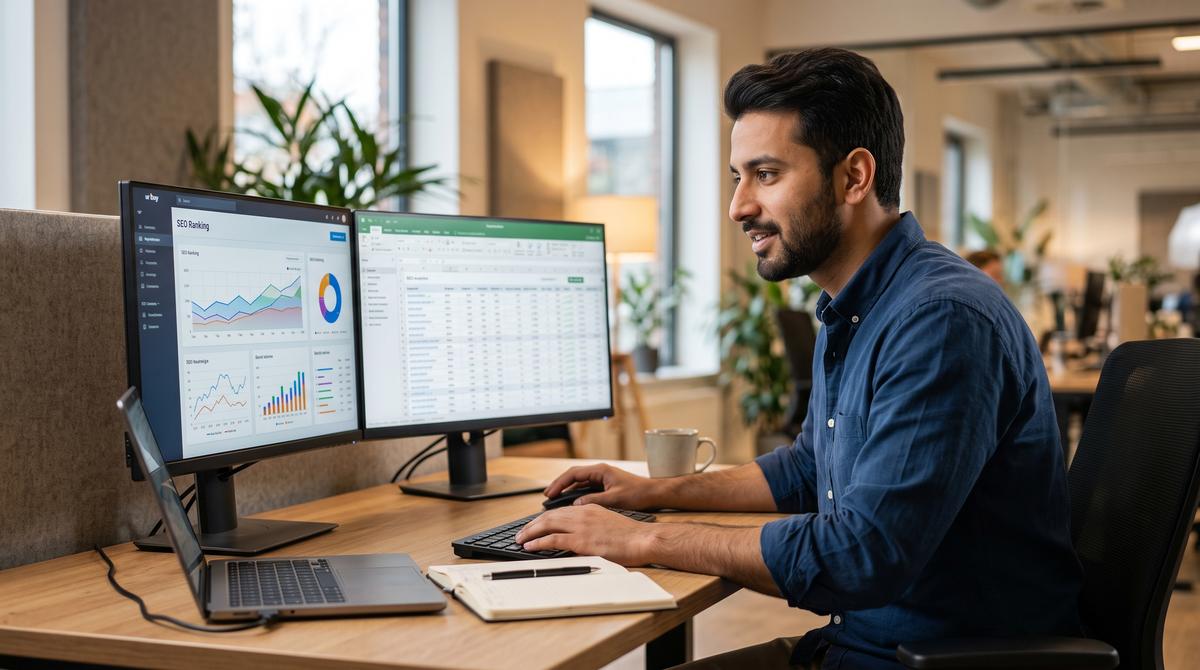 Remote SEO specialist from Pakistan analyzing search rankings on dual monitors