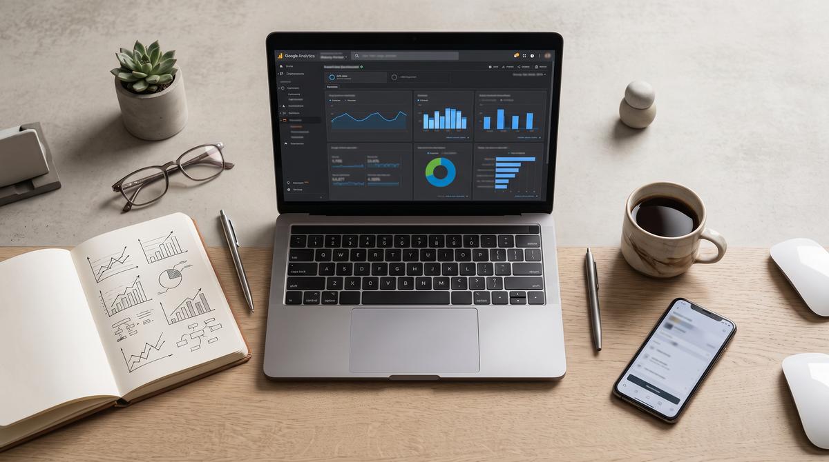 SEO workspace with analytics dashboard, keyword research notes and laptop
